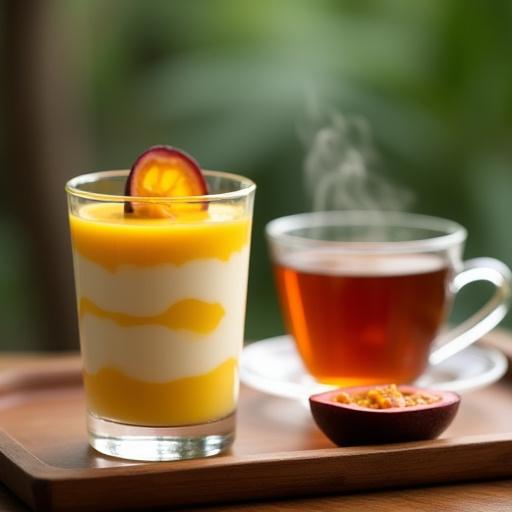 A glass of layered passionfruit mousse next to a steaming cup of tea on a wooden tray.