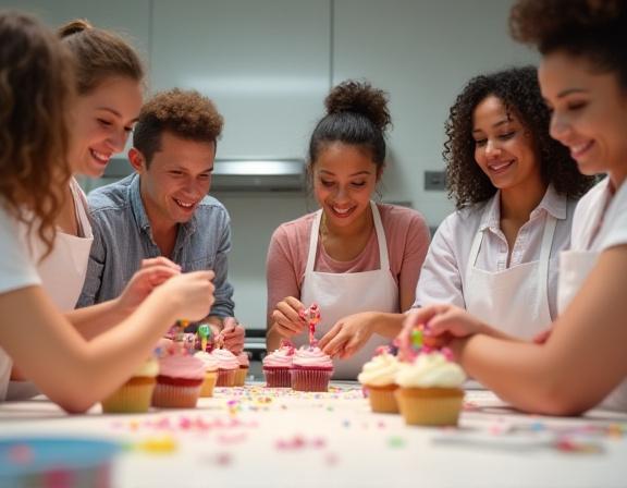 A group of happy people decorating cupcakes during a baking class.