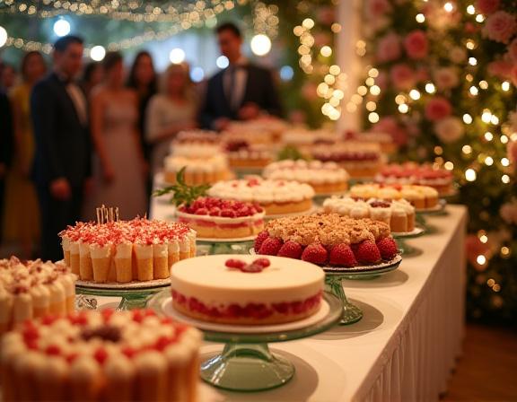 A beautifully arranged dessert table at an event, filled with cakes, pastries, and floral decorations.